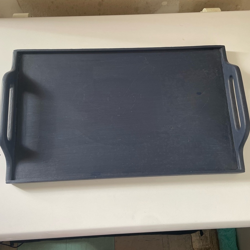 Dark Blue Painted Rectangular Serving Tray with Handles
